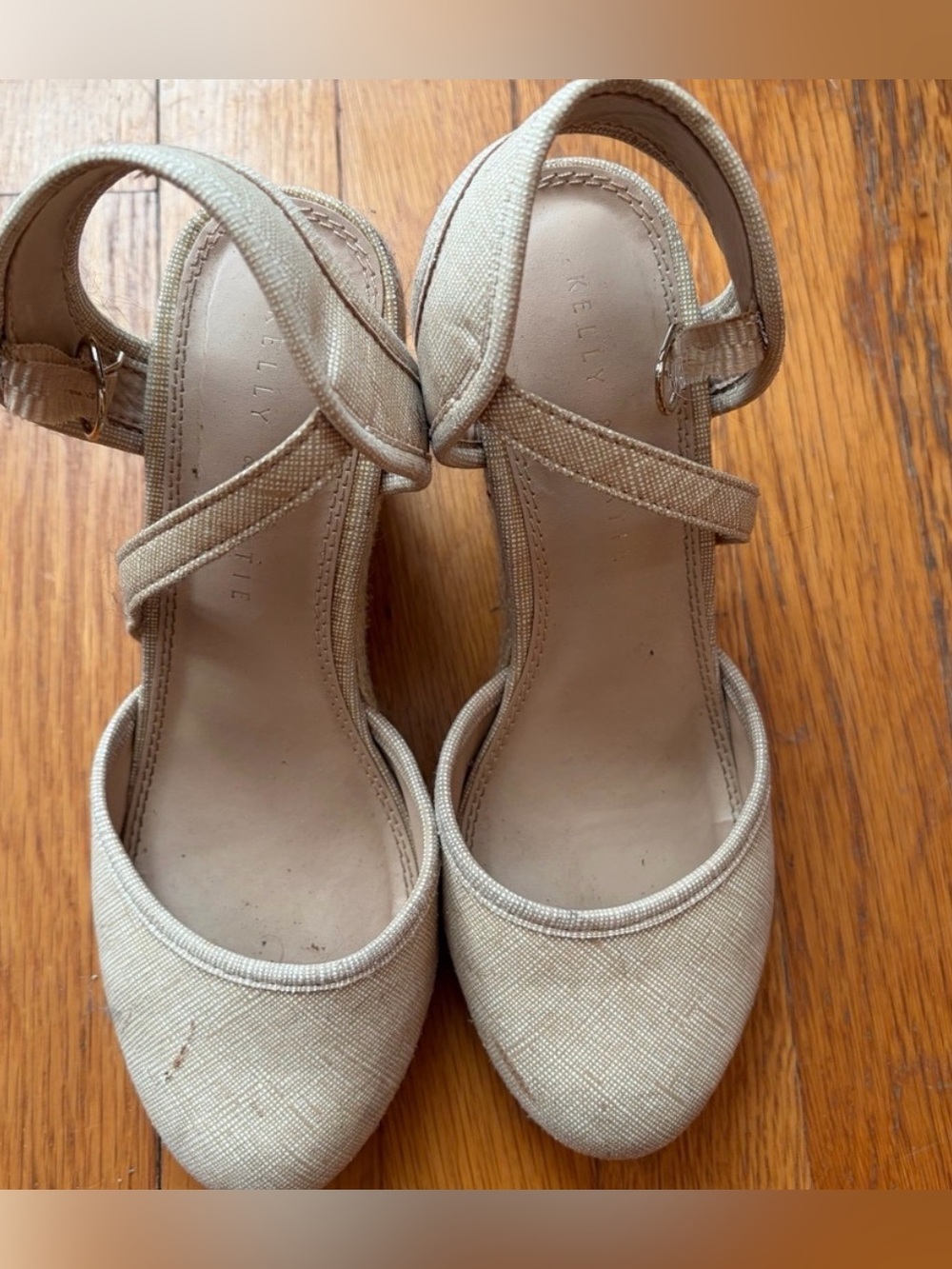 Kelly & Katie Light Beige Canvas Ankle-Strap Heels
